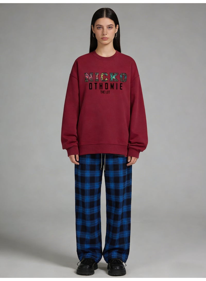 BM INS Burgundy "NICKO OTHOMIE" Leopard Print Letter Oversized Crew Neck Sweatshirt | Unisex Casual Pullover For Streetwear - Image 4